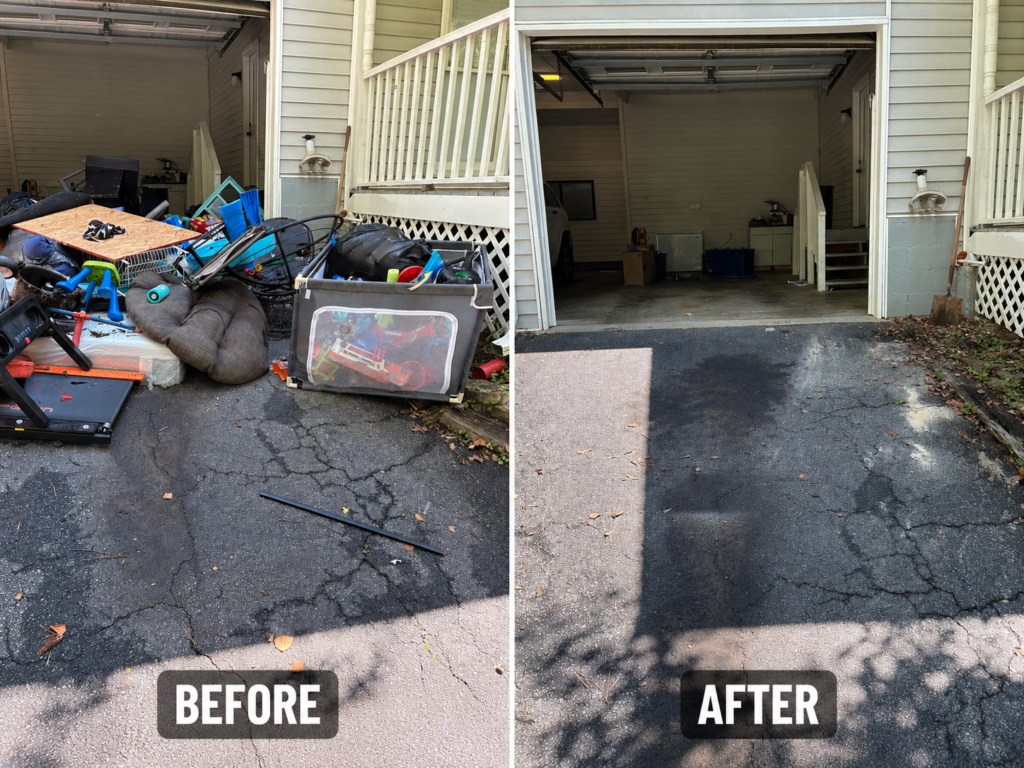 Cluttered garage full of junk before cleanout compared to empty clean garage after junk removal in Kennesaw, GA